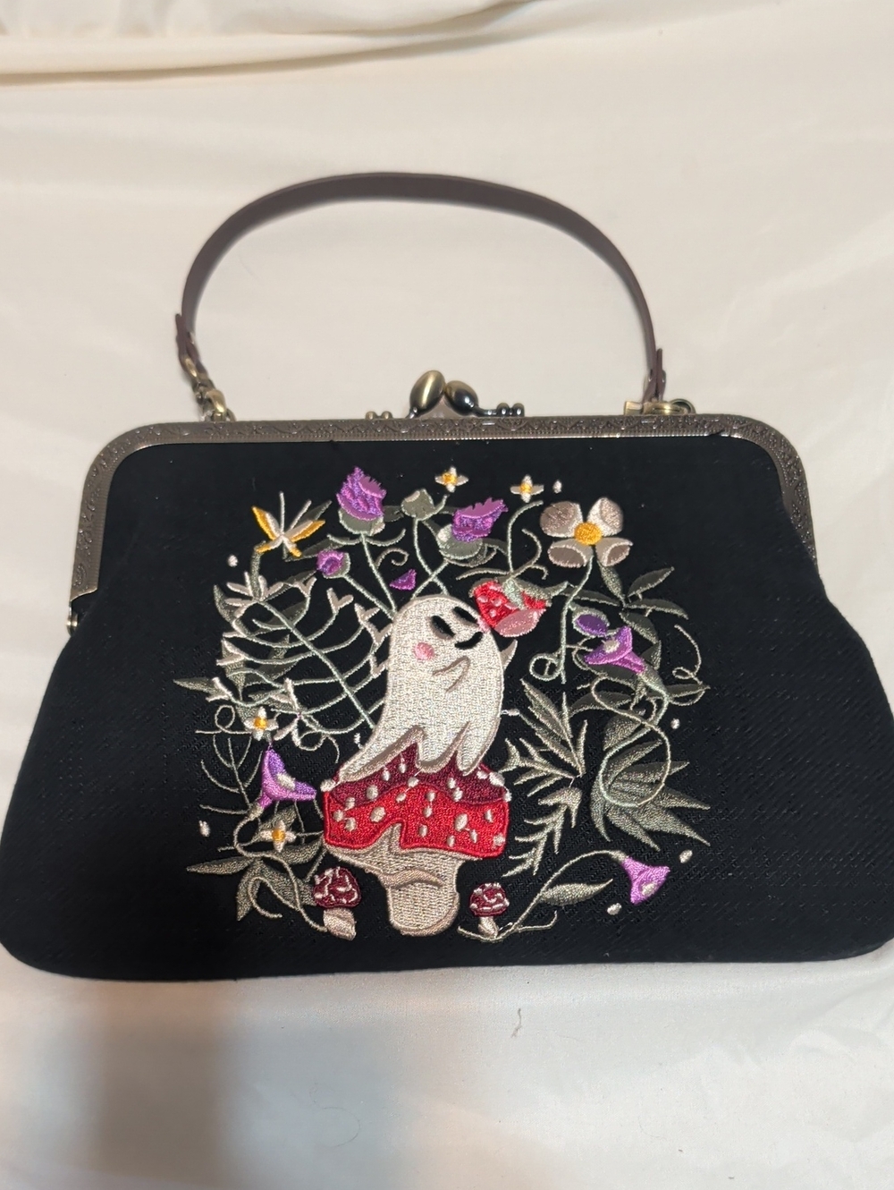 Black Embroidered Mushroom & Ghost Top-Handle Bag